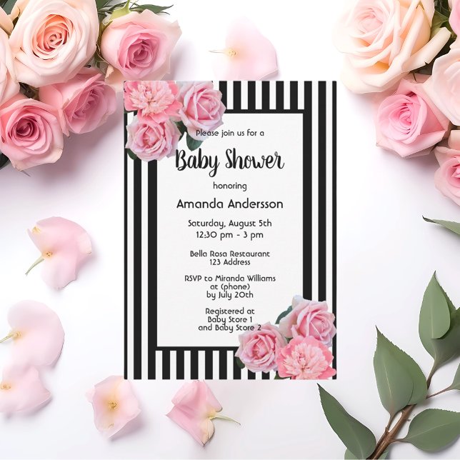 Invitación Flores rosa de rayas blancas negras de Baby Shower (Subido por el creador)