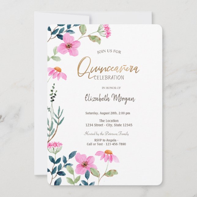 Invitación Flores rosa del jardín Quinceañera (Anverso)