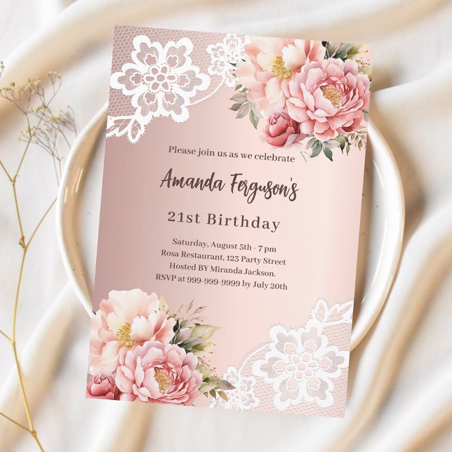 Invitación Flores rosa dorada rosa encaje cumpleaños de lujo (Subido por el creador)