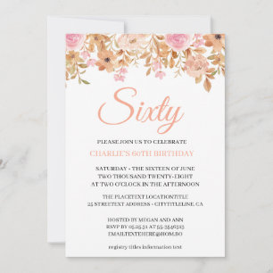 Invitación Flores Rosa Elegante Boho Sesenta - 60 Años En