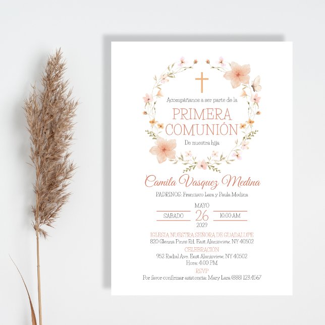 Invitación Flores Rosa Elegante Primera Comunión (Subido por el creador)