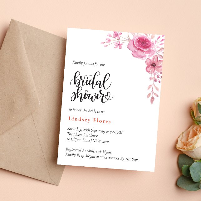 Invitación Flores rosa elegantes y ducha de novia verde (Subido por el creador)