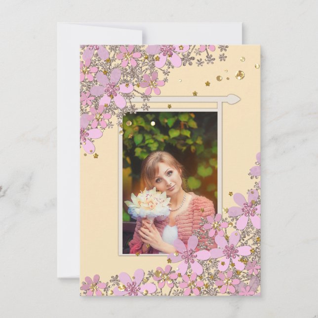 Invitación Flores rosa floral polka dorado puntos purpurina s (Anverso)