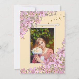 Invitación Flores rosa floral polka dorado puntos purpurina s