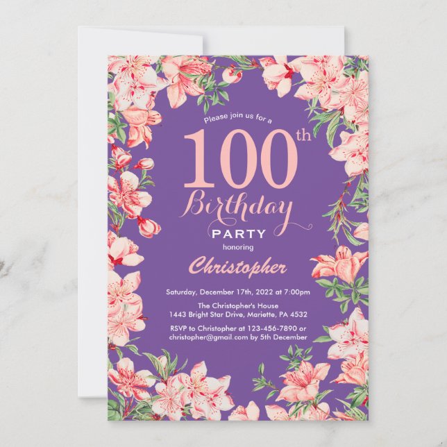 Invitación Flores rosa florales 100 cumpleaños violeta púrpur (Anverso)