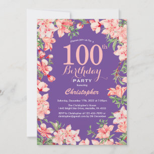 Invitación Flores rosa florales 100 cumpleaños violeta púrpur