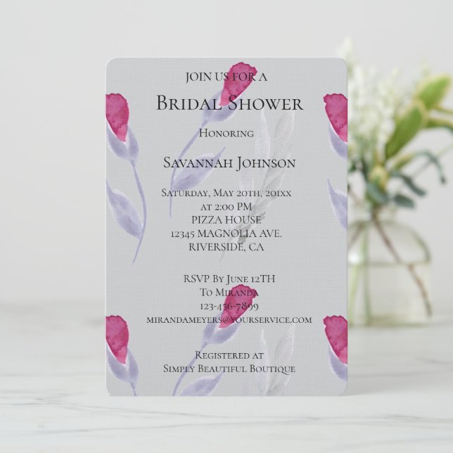 Invitación Flores rosa grises ducha de novia (Anverso de pie)