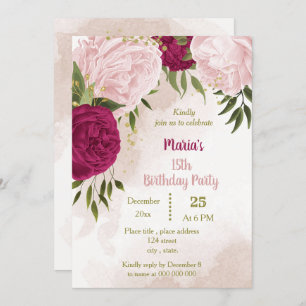 Invitación flores rosa magenta hojas verdes