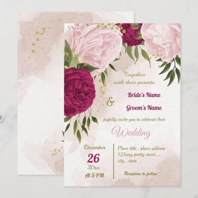 Invitación flores rosa magenta hojas verdes boda (Anverso / Reverso)