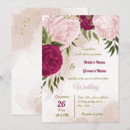 Invitación flores rosa magenta hojas verdes boda