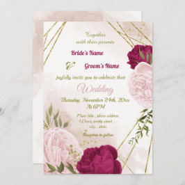 Invitación flores rosa magenta hojas verdes boda