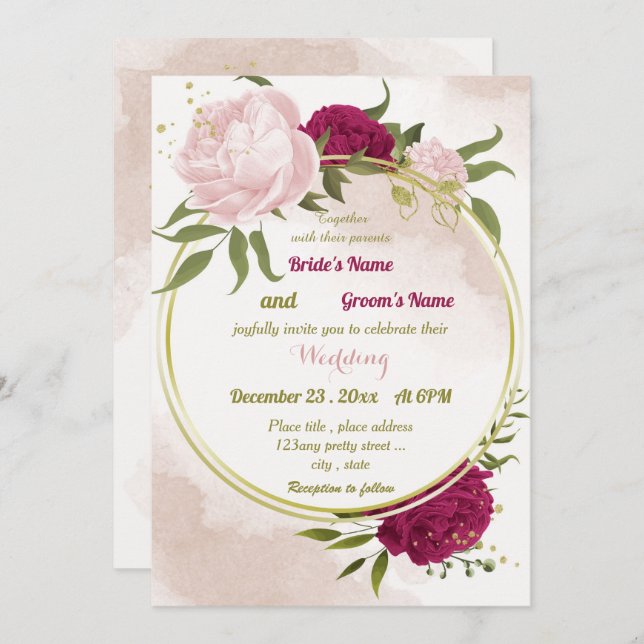 Invitación flores rosa magenta hojas verdes boda (Anverso / Reverso)