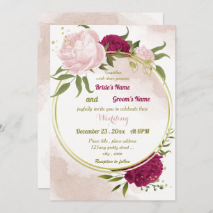 Invitación flores rosa magenta hojas verdes boda