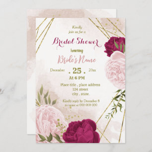 Invitación flores rosa magenta hojas verdes ducha de novia