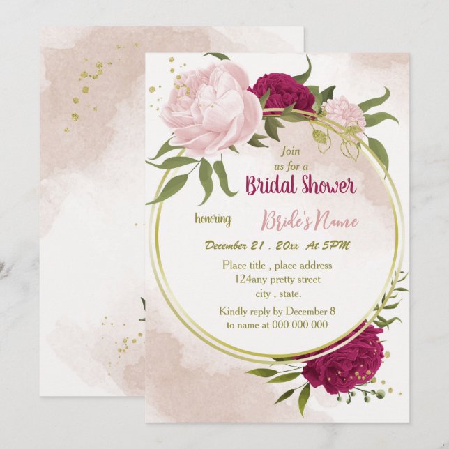 Invitación flores rosa magenta hojas verdes ducha de novia (Anverso / Reverso)