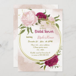 Invitación flores rosa magenta hojas verdes ducha de novia
