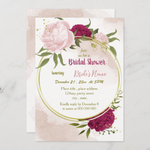 Invitación flores rosa magenta hojas verdes ducha de novia