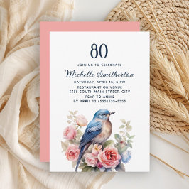 Invitación Flores rosa pájaro azul 80 cumpleaños
