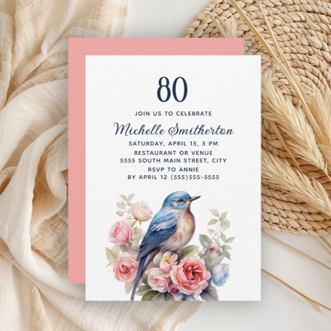 Invitación Flores rosa pájaro azul 80 cumpleaños (Blue bird and pink floral 80th birthday invitation)