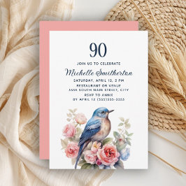 Invitación Flores rosa pájaro azul 90 cumpleaños
