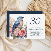 Flores rosa pájaro azul cumpleaños número 30