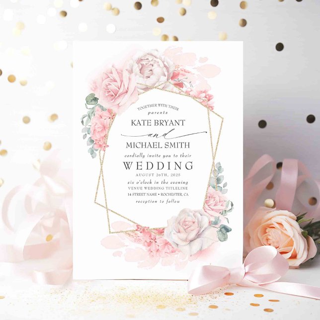Invitación Flores rosa pastel suave Boda romántico elegante (Pink Floral Wedding Invitations)