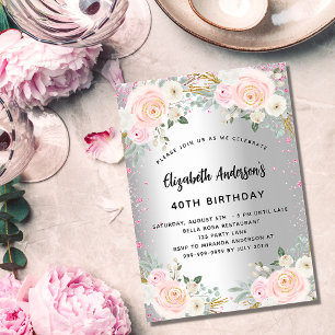 Invitación Flores rosa plateadas de cumpleaños purpurina de l