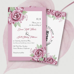 Invitación Flores rosa rosadas, boda floral con código QR