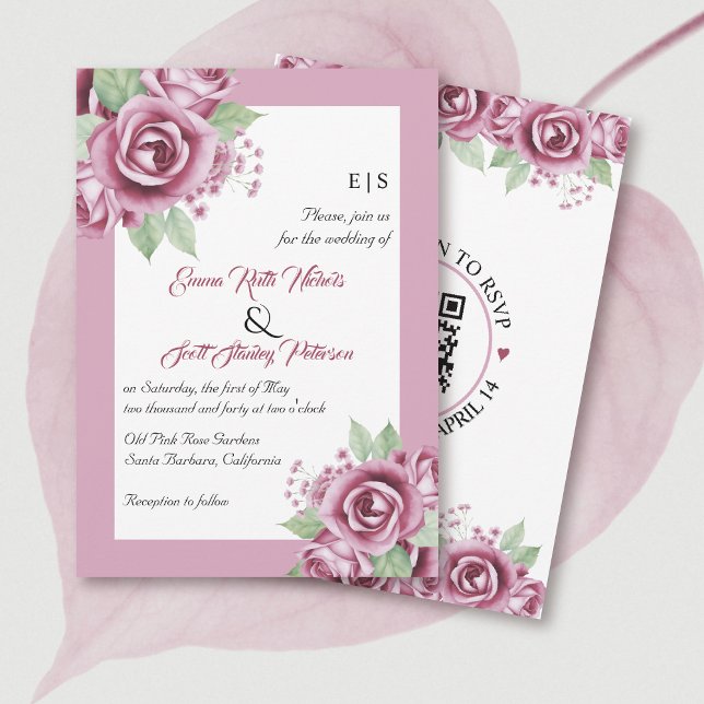 Invitación Flores rosa rosadas, boda floral con código QR (Subido por el creador)