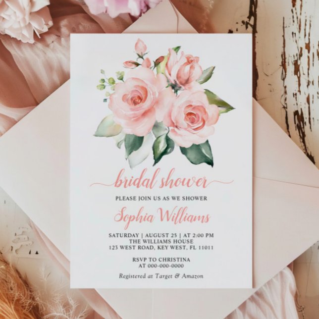 Invitación Flores rosa rosadas de Rubor, ducha de novia verde (Subido por el creador)