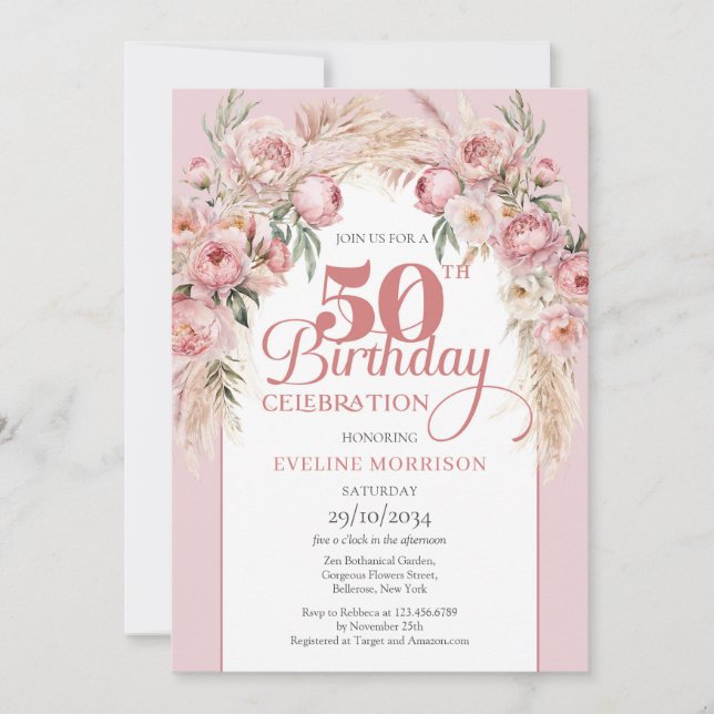 Invitación Flores rosa Rubor boho arch pampas 50 cumpleaños (Anverso)