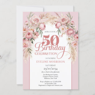 Invitación Flores rosa Rubor boho arch pampas 50 cumpleaños
