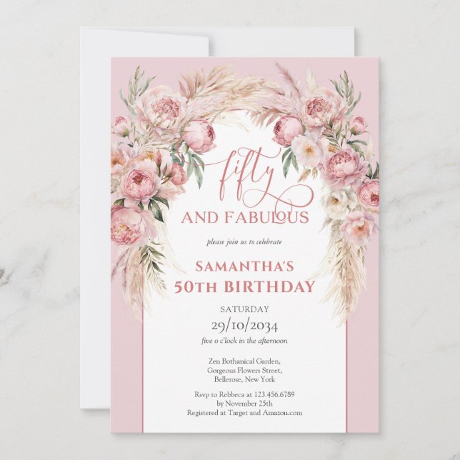 Invitación Flores rosa Rubor boho arch pampas 50 cumpleaños (Anverso)