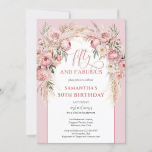 Invitación Flores rosa Rubor boho arch pampas 50 cumpleaños