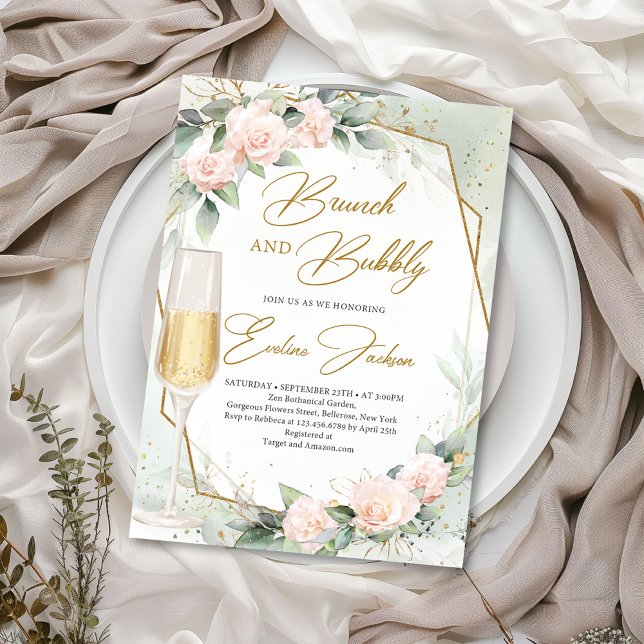 Invitación Flores rosa Rubor brunch eucalipto y burbuja (Watercolor delicate blush roses eucalyptus and gold frame brunch and bubbly invitation template)