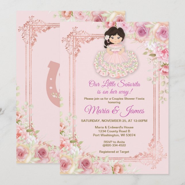 Invitación Flores rosa Rubor Fiesta mexicana Ducha de parejas (Anverso / Reverso)