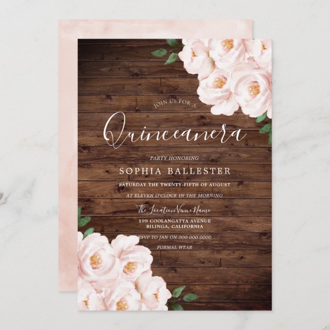 Invitación Flores rosa rusticas blandas Rubor Quinceanera (Anverso / Reverso)
