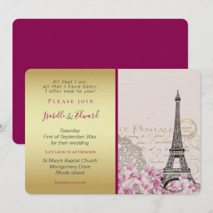 Invitación Flores rosa vintage Torre Eiffel Oro y Borgoña
