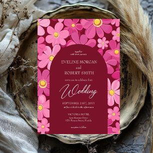 Invitación Flores rosa y amarilla retro groovni arco boho