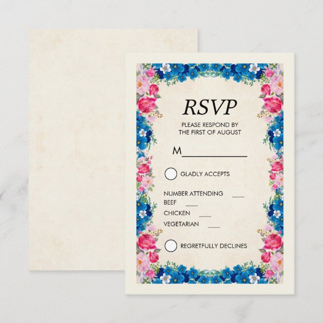 Invitación Flores rosa y azul Fancy Elegant RSVP (Anverso / Reverso)
