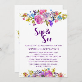 Invitación Flores rosa y azul púrpura de ciruela Sip y See