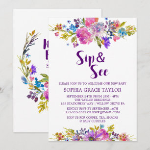 Invitación Flores rosa y azul púrpura de ciruela Sip y See