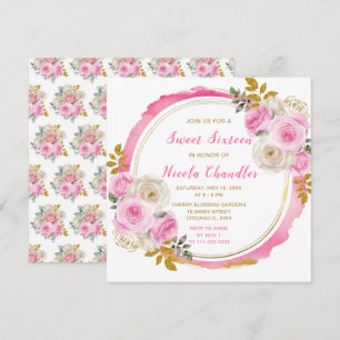 Invitación Flores rosa y dorada brillantes y elegantes 16