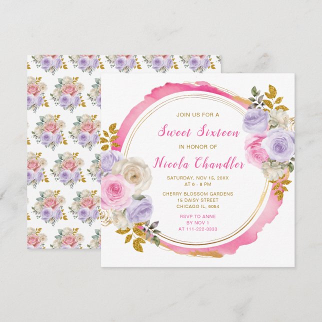 Invitación Flores rosa y morado elegantes 16 (Anverso / Reverso)