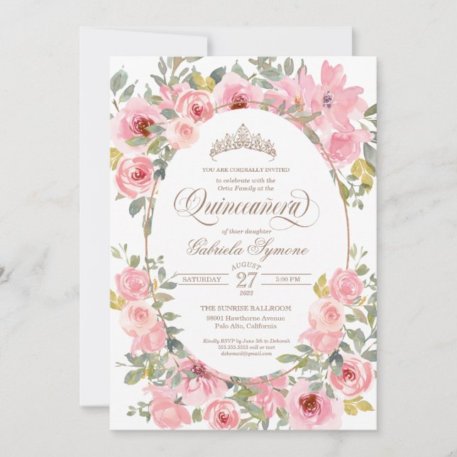 Invitación Flores rosa y Rubor acuarela Floral Quinceanera (Anverso)