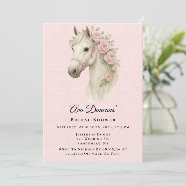 Invitación Flores rosadas acuarela Caballo ducha de novia (Anverso de pie)