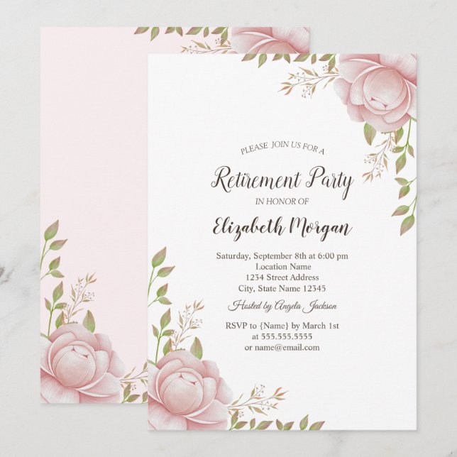 Invitación Flores rosadas acuarela Jubilación   (Anverso / Reverso)