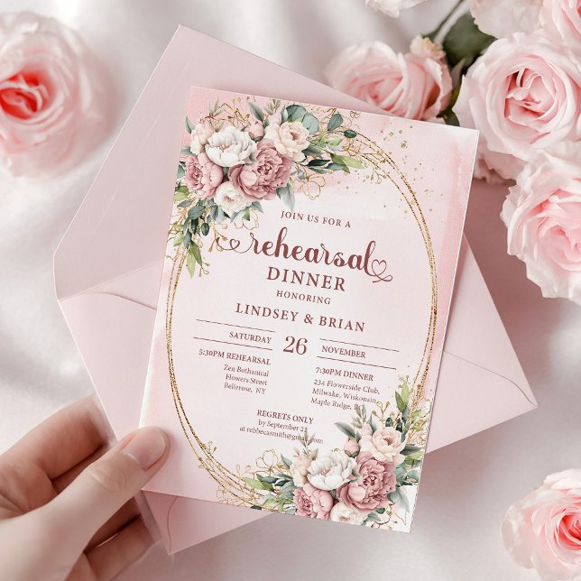 Invitación Flores rosadas aguadas románticas Ensayo  (Romantic Watercolor Blush Pink Flowers Rehearsal Invitation)