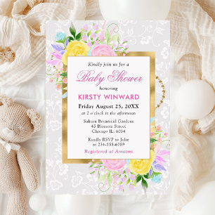 Invitación Flores rosadas, amarillas y azules Baby Shower dor