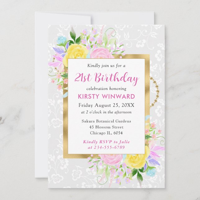 Invitación Flores rosadas, amarillas y azules Cumpleaños dora (Anverso)